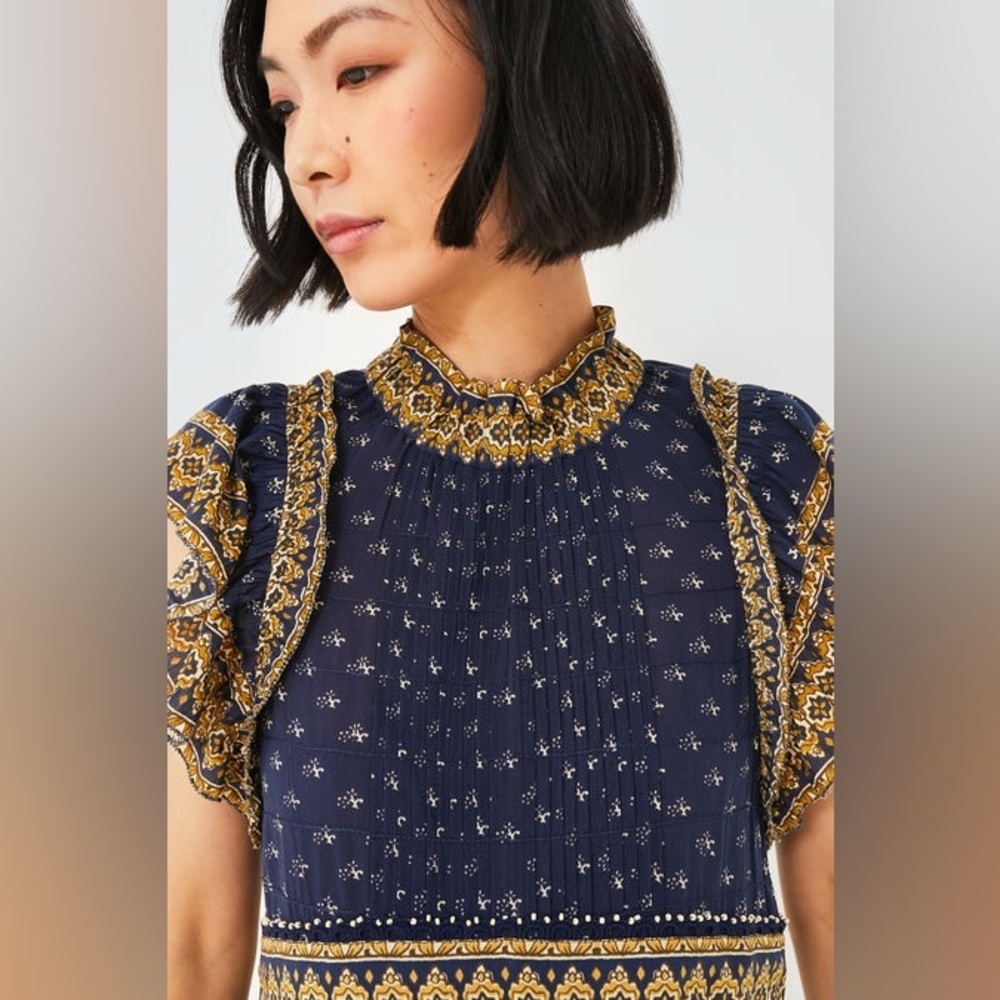 New! Sea New York Arlita Print Navy and Gold Flutter Tunic Mini Dress 💙 XS - Picture 4 of 8